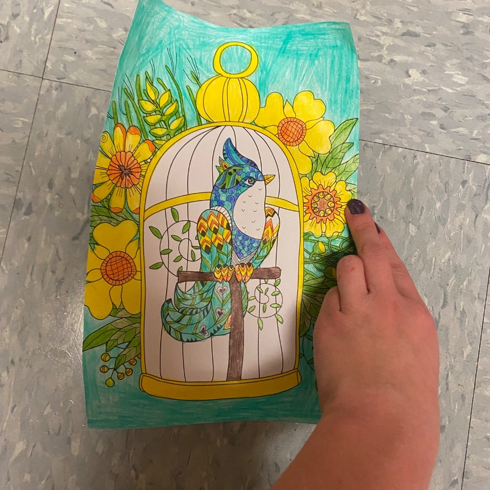 Picture of a Bird in a Birdcage with Yellow Flowers - Picture 3 of 3
